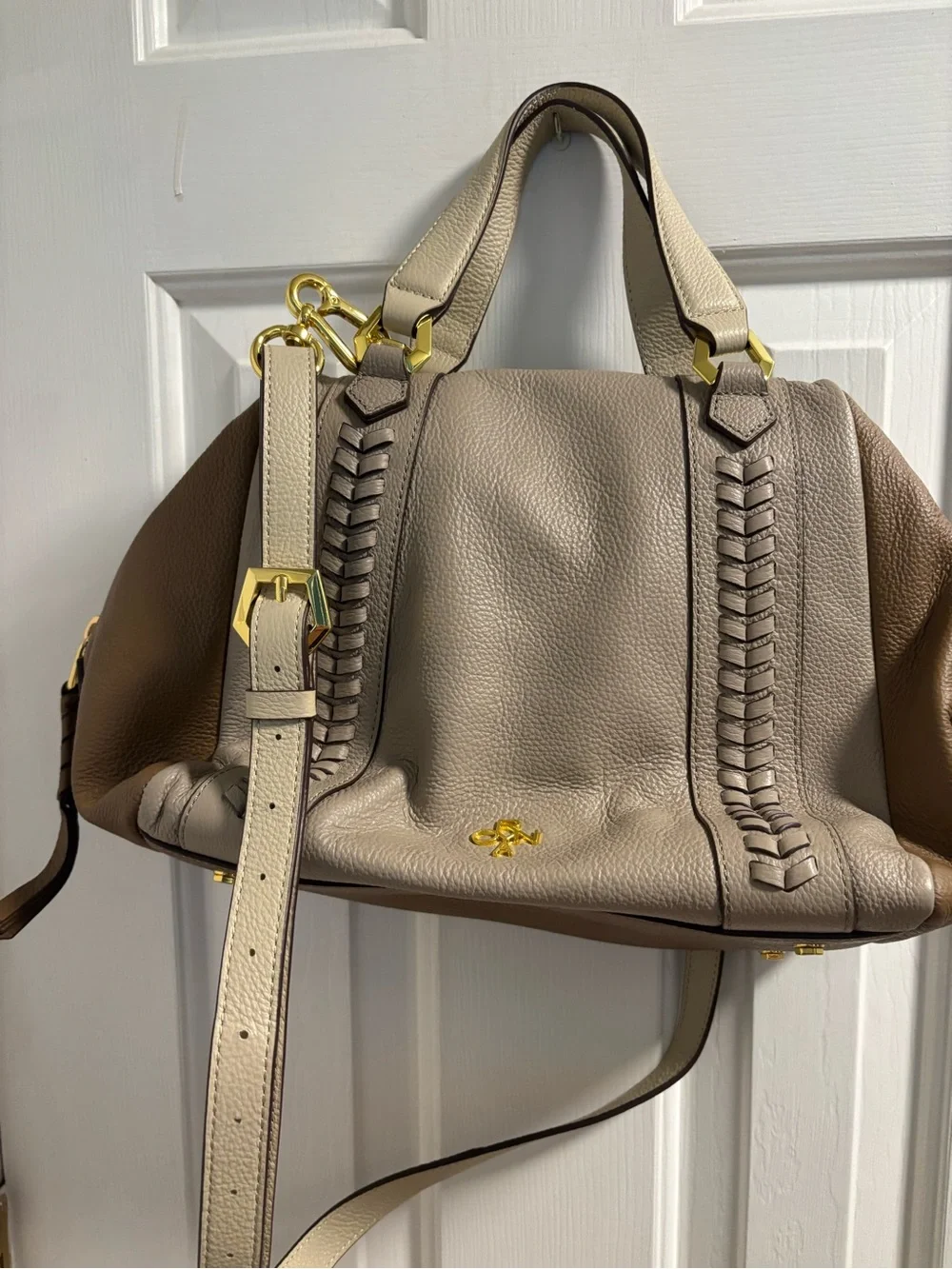 Oryany Tri-Color Pebbled Leather Satchel Crossbody Bag Taupe Tan Cream EUC - Picture 1 of 9